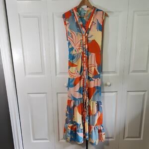 True Destinations Floral Button Front Dress Size LG Tiered Tropical Resort Light